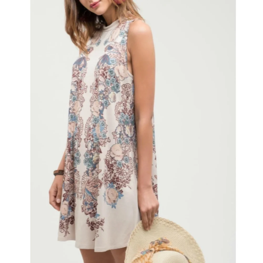 NWT High Neck Tan Blue Print Mini Dress S - Picture 1 of 5